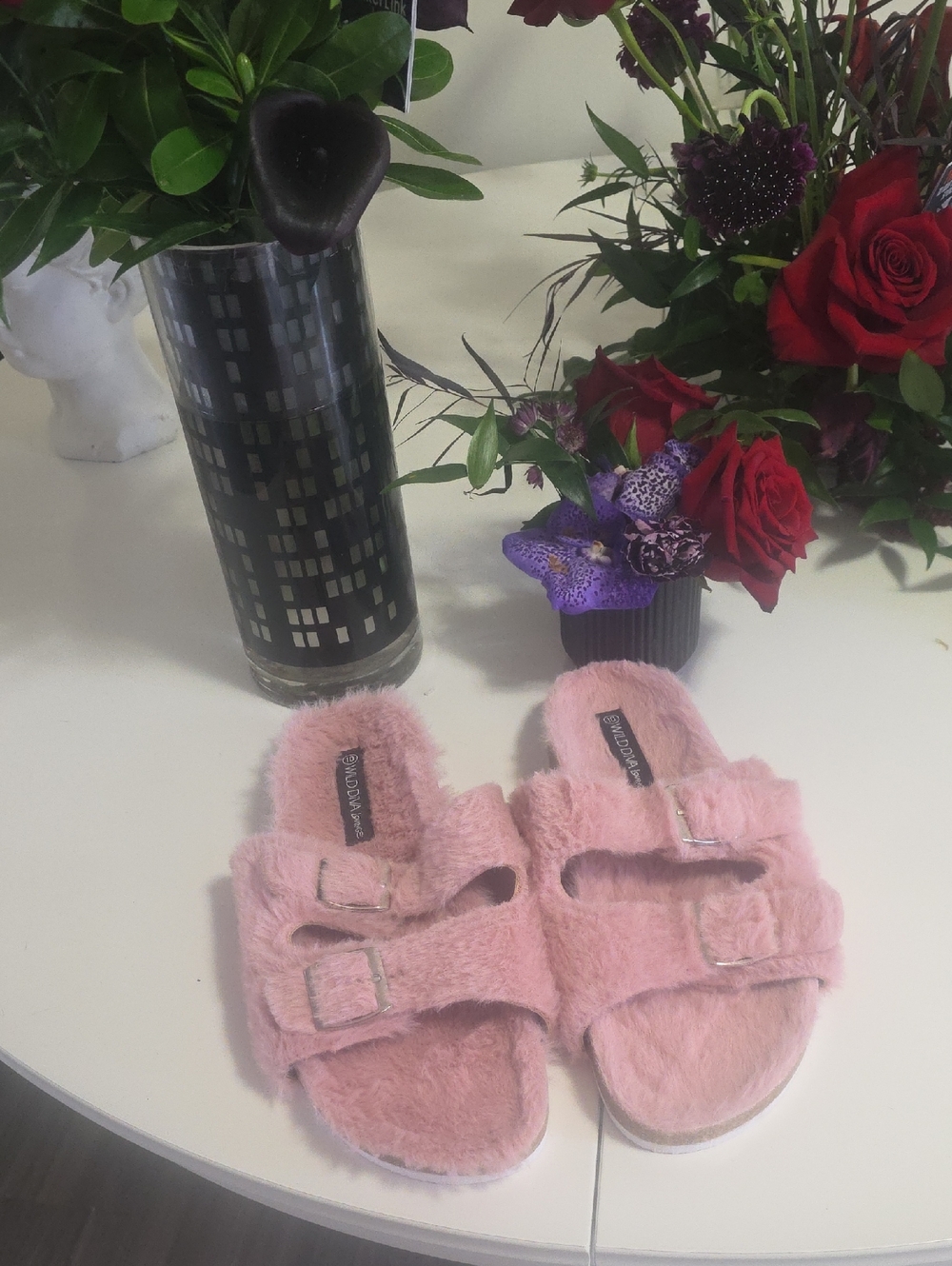 5/25$ Pink Fuzzy Slide Sandals with Buckles